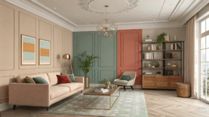 A stylish living room showcasing trending living room color palettes with cozy furniture and modern design