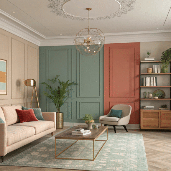 A stylish living room showcasing trending living room color palettes with cozy furniture and modern design