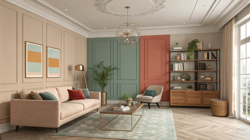 A stylish living room showcasing trending living room color palettes with cozy furniture and modern design