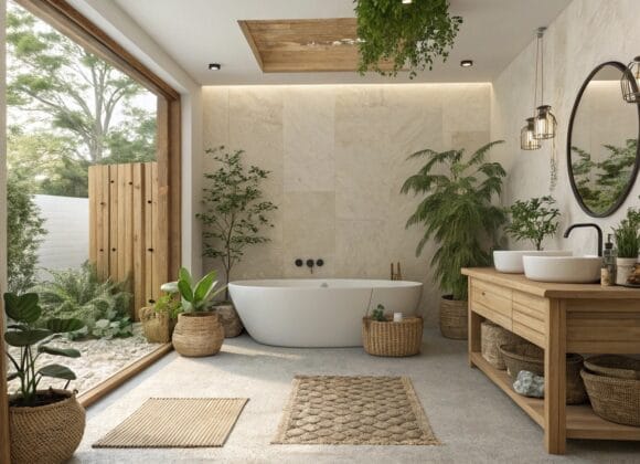 Cozy and serene earthy bathroom ideas decorated with earthy tones, natural wood, and greenery