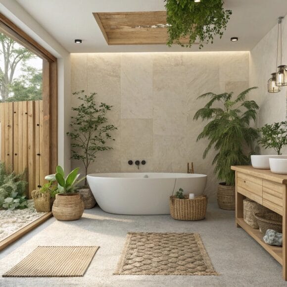 Cozy and serene earthy bathroom ideas decorated with earthy tones, natural wood, and greenery
