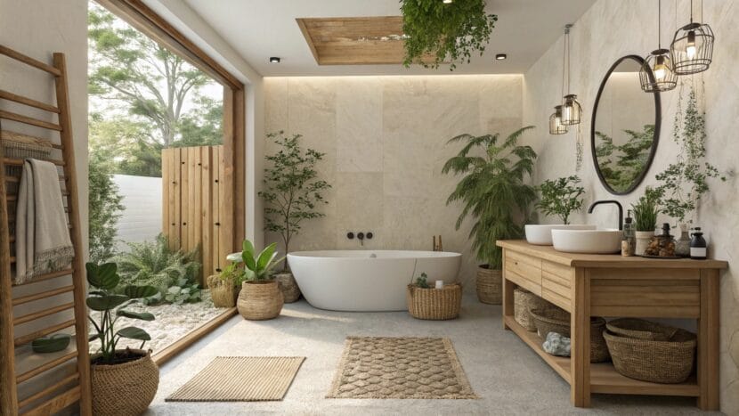 Cozy and serene earthy bathroom ideas decorated with earthy tones, natural wood, and greenery