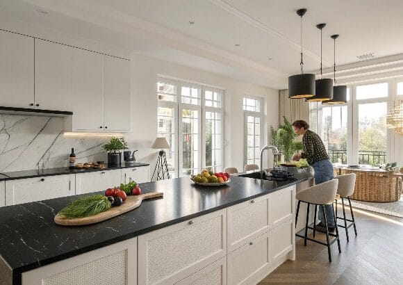 Modern kitchen with black granite countertop and a person arranging fresh vegetables