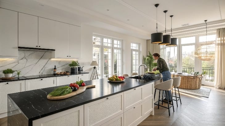 Stylish Kitchen with Black Granite Modern kitchen with black granite countertop and a person arranging fresh vegetables