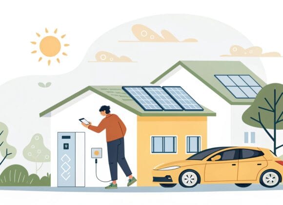 Eco-Friendly Technologies Shaping 2025 A person using eco-friendly technologies in 2025, including solar panels, electric car, and smart home devices