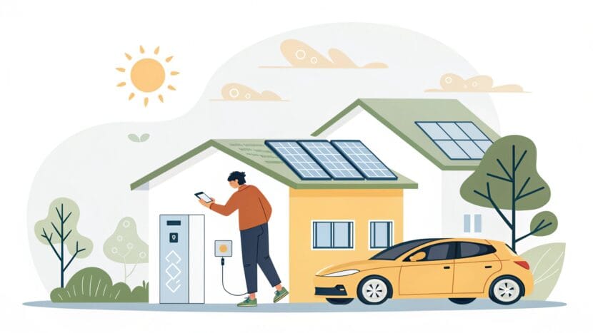 Eco-Friendly Technologies Shaping 2025 A person using eco-friendly technologies in 2025, including solar panels, electric car, and smart home devices