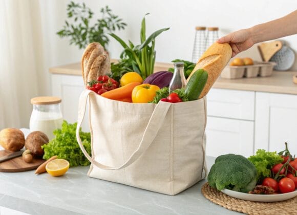 Low Waste Grocery Shopping Tips for Everyday Life A reusable grocery tote filled with fresh produce, representing low waste grocery shopping