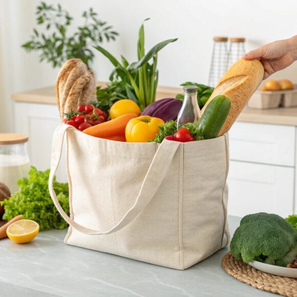 A reusable grocery tote filled with fresh produce, representing low waste grocery shopping