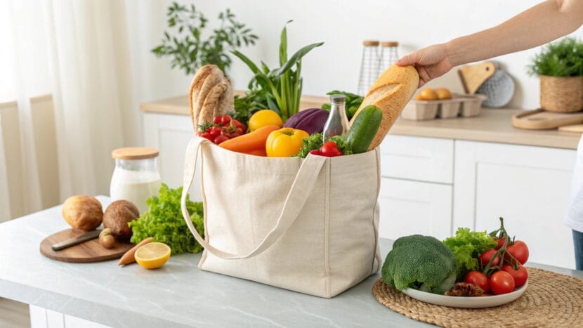 Low Waste Grocery Shopping Tips for Everyday Life A reusable grocery tote filled with fresh produce, representing low waste grocery shopping