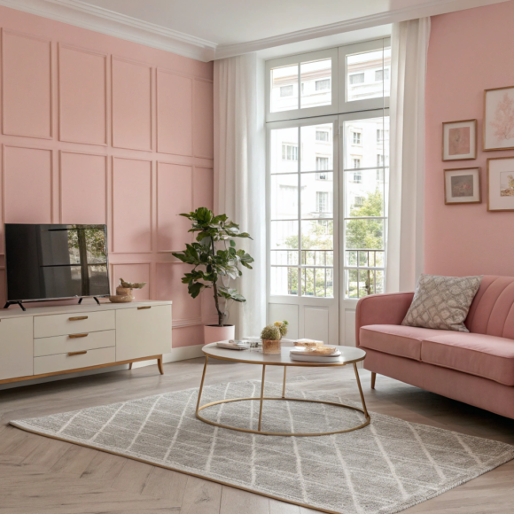 A stylish pink living room with warm tones, cozy furniture, and modern decor accents