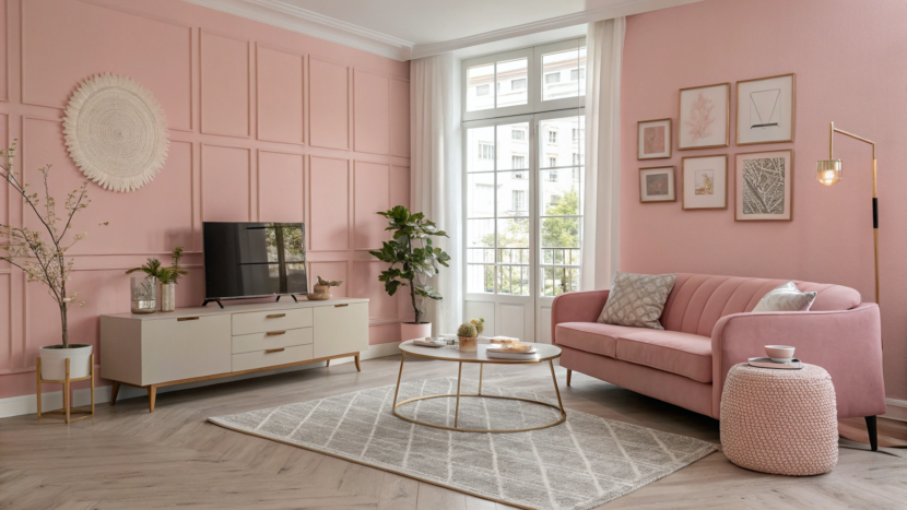 A stylish pink living room with warm tones, cozy furniture, and modern decor accents