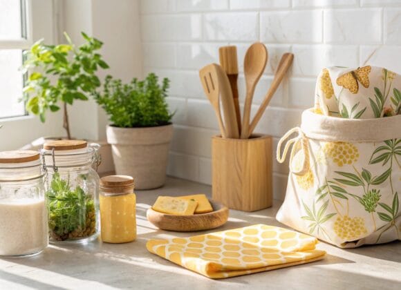 Eco-friendly kitchen essentials including bamboo utensils, reusable jars, beeswax wraps, and cloth bags in a bright, cozy kitchen