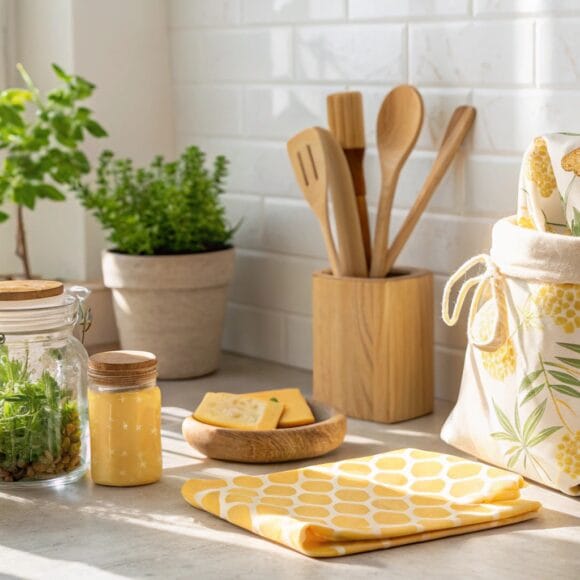 Eco-friendly kitchen essentials including bamboo utensils, reusable jars, beeswax wraps, and cloth bags in a bright, cozy kitchen