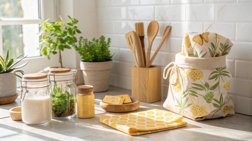 Eco-friendly kitchen essentials including bamboo utensils, reusable jars, beeswax wraps, and cloth bags in a bright, cozy kitchen