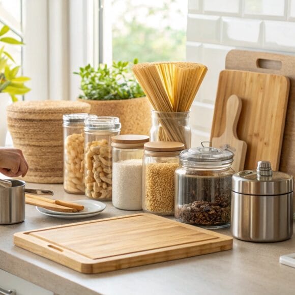 Eco-friendly kitchen products like bamboo utensils, reusable jars, and stainless steel containers in a modern kitchen with natural sunlight
