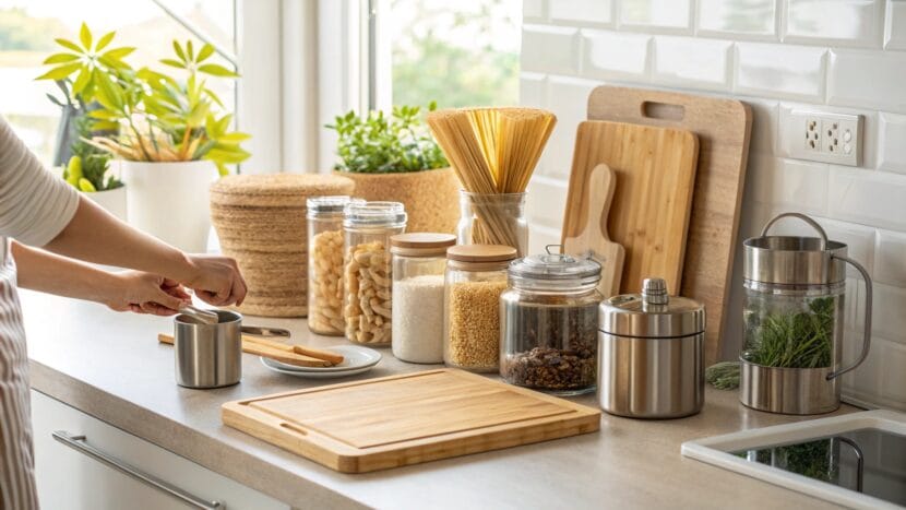 Eco-friendly kitchen products like bamboo utensils, reusable jars, and stainless steel containers in a modern kitchen with natural sunlight