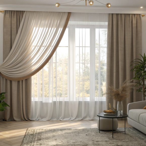 Elegant curtains for living room with soft natural light and modern cozy decor, creating a stylish and welcoming home atmosphere