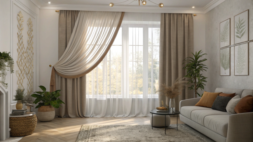 Elegant curtains for living room with soft natural light and modern cozy decor, creating a stylish and welcoming home atmosphere