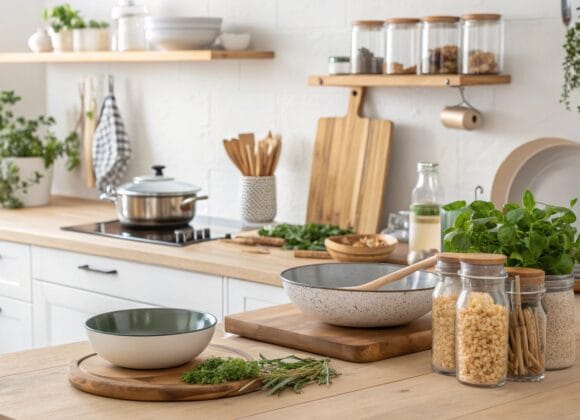 Modern kitchen with eco-friendly non toxic kitchen essentials including bamboo utensils, glass jars, and ceramic cookware