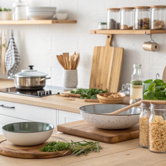 Modern kitchen with eco-friendly non toxic kitchen essentials including bamboo utensils, glass jars, and ceramic cookware