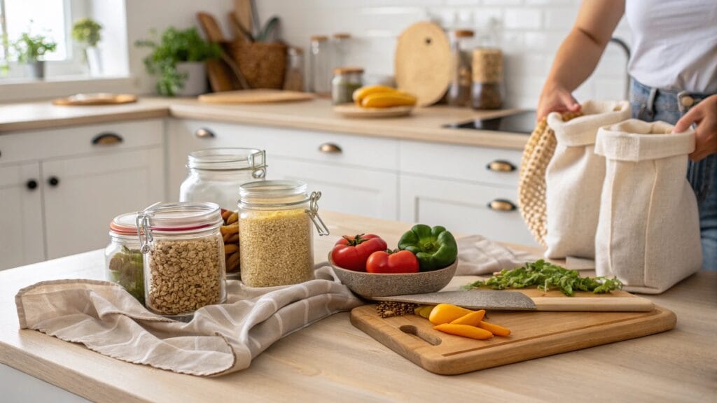Person preparing food in a minimalist kitchen with reusable jars and cloth bags, representing a Low Waste Lifestyle
