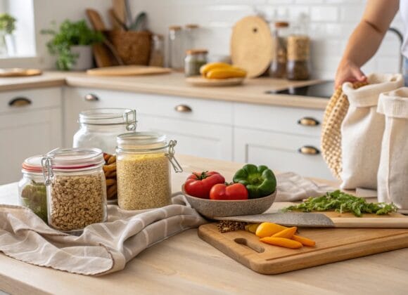 Low Waste Lifestyle Made Easy: 10 Beginner Tips Person preparing food in a minimalist kitchen with reusable jars and cloth bags, representing a Low Waste Lifestyle