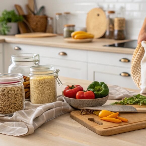 Person preparing food in a minimalist kitchen with reusable jars and cloth bags, representing a Low Waste Lifestyle