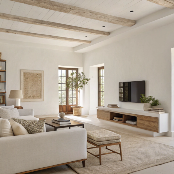 A modern minimalist living room showing the use of negative space in interior design with clean white walls, neutral furniture, and open uncluttered space