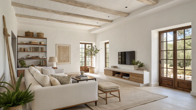A modern minimalist living room showing the use of negative space in interior design with clean white walls, neutral furniture, and open uncluttered space
