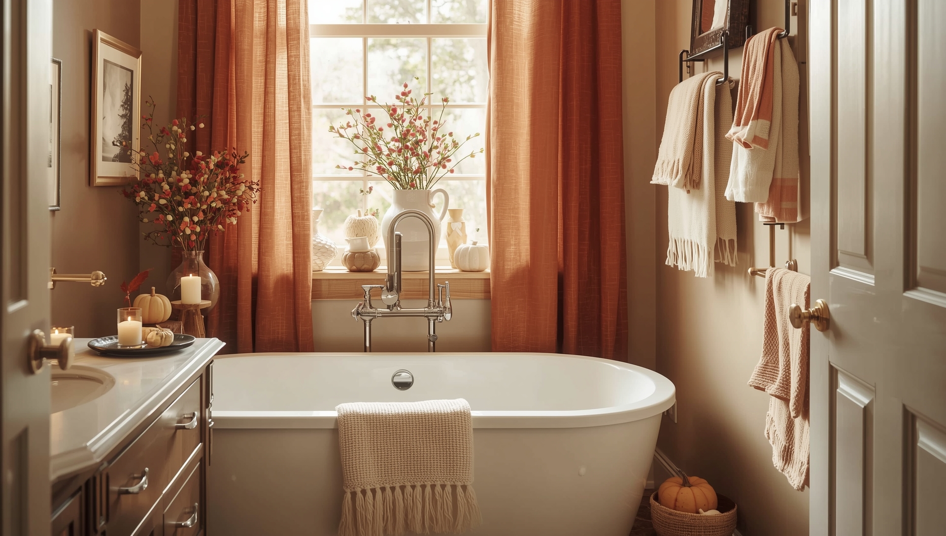 Chic and festive fall bathroom decor with warm towels, rustic wooden accents, and cozy autumn accessories