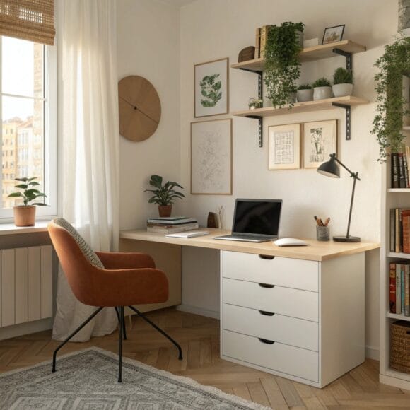Clean organized office showing how to declutter your office with stylish storage solutions