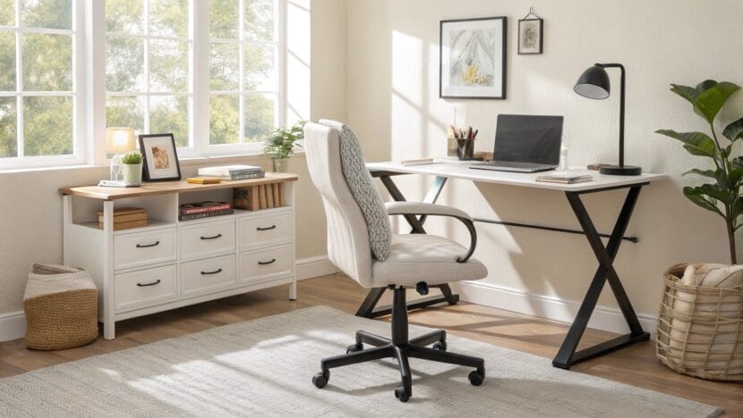 Complete ergonomic office setup showing how to choose ergonomic office furniture including chair and desk