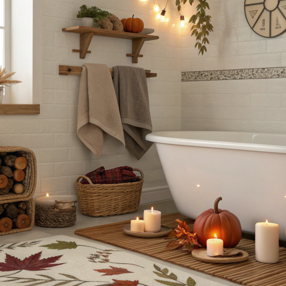 Cozy fall bathroom decor with warm tones, candles, and autumn accent