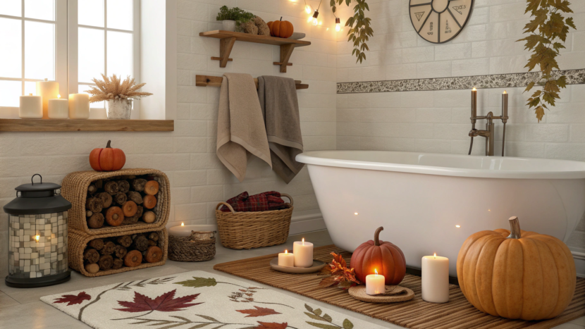 Cozy fall bathroom decor with warm tones, candles, and autumn accent
