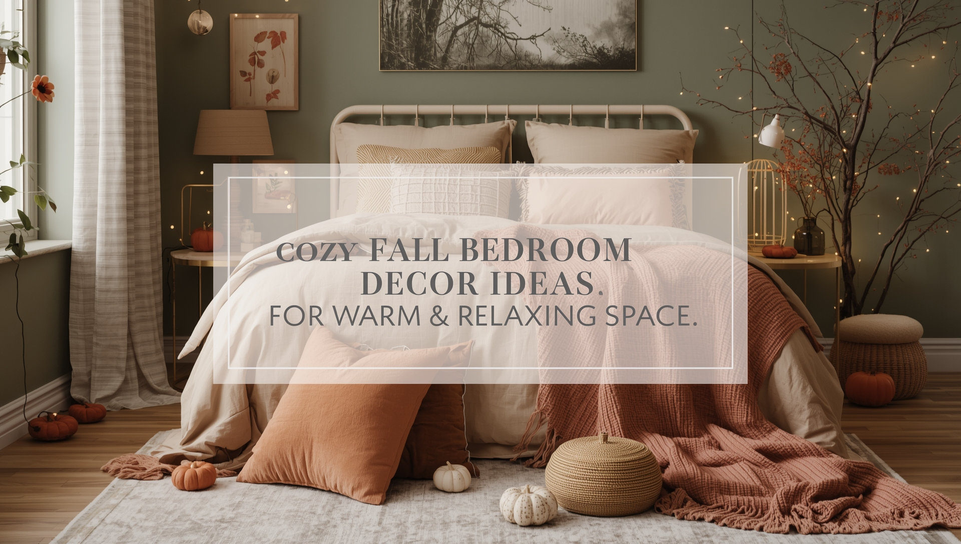 Cozy fall bedroom decor ideas featuring a warm, inviting bedroom with autumn-colored bedding, soft throws, ambient lighting, and seasonal decorative accents