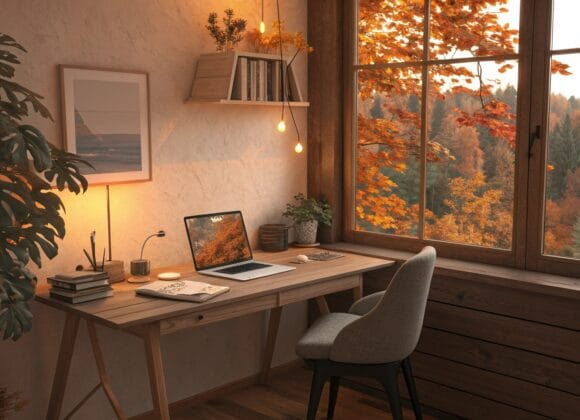 Cozy fall home office with warm autumn colors, wooden desk, laptop, and autumn leaves outside the window