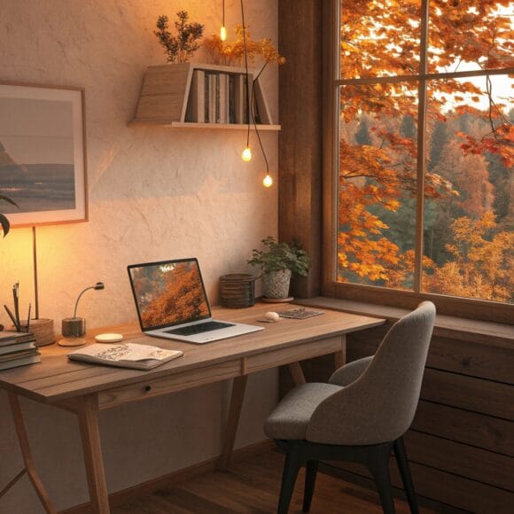 Cozy fall home office with warm autumn colors, wooden desk, laptop, and autumn leaves outside the window