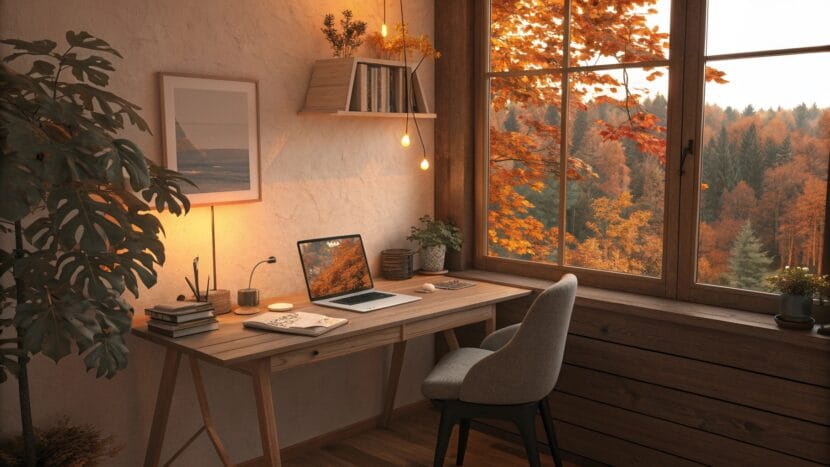 21 Cozy Fall Home Office Ideas for Autumn Cozy fall home office with warm autumn colors, wooden desk, laptop, and autumn leaves outside the window