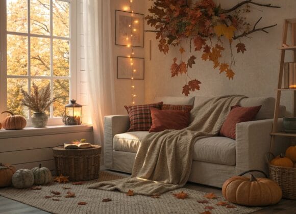 Cozy living room with autumn decorations, warm fall colors, and soft textures, perfect for fall wallpaper ideas inspiration