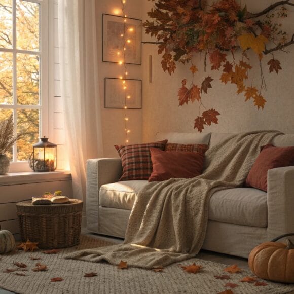 Cozy living room with autumn decorations, warm fall colors, and soft textures, perfect for fall wallpaper ideas inspiration