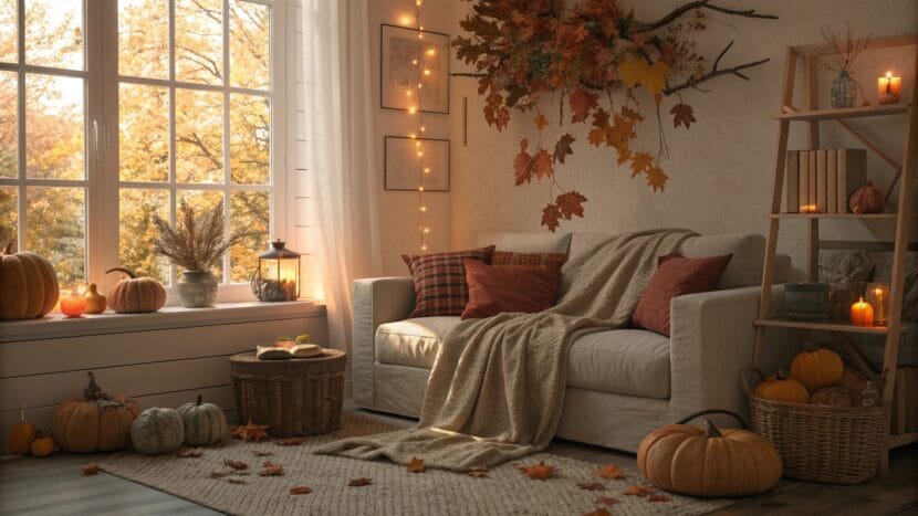 Cozy living room with autumn decorations, warm fall colors, and soft textures, perfect for fall wallpaper ideas inspiration