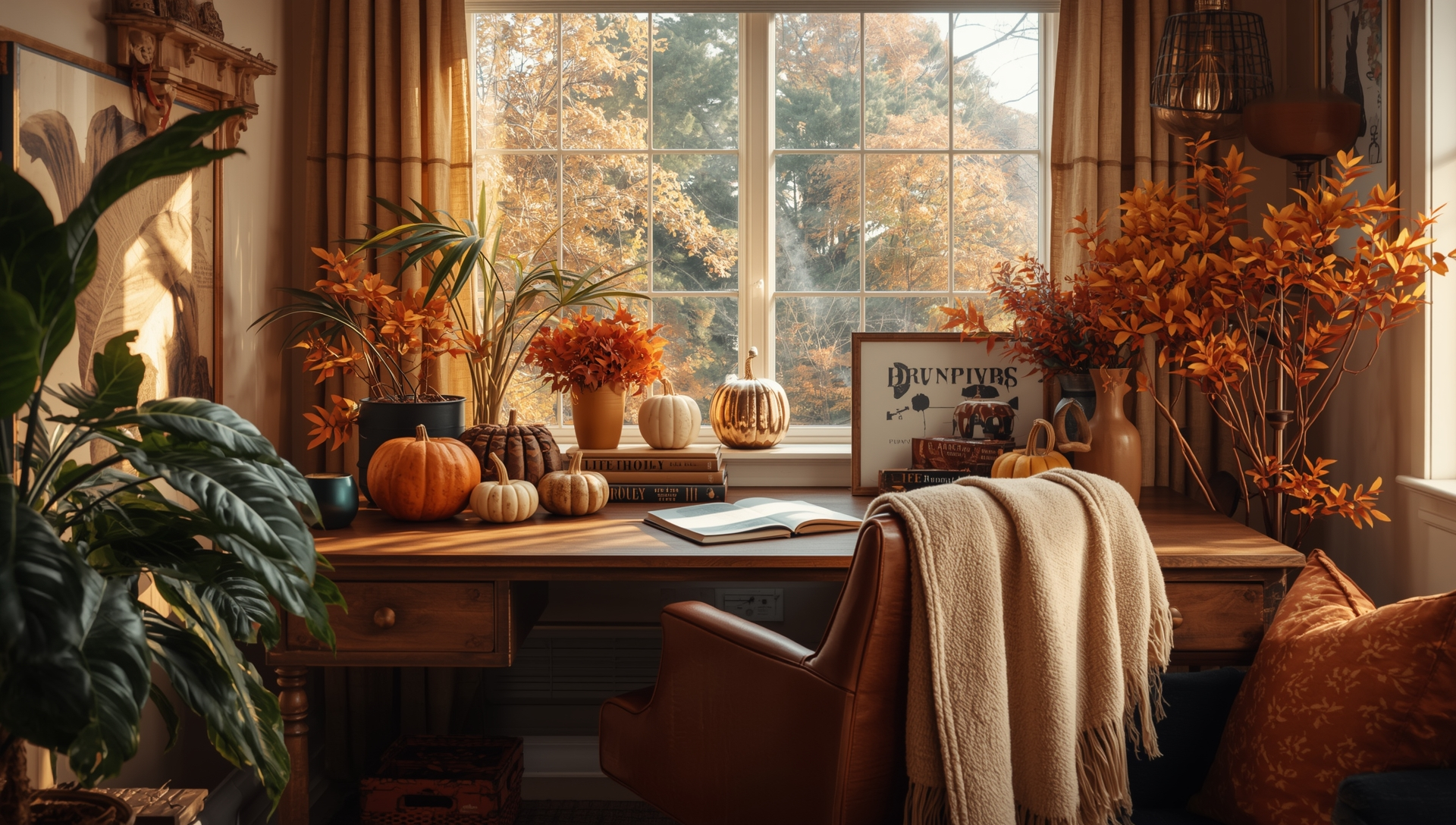 Dreamy cozy fall home office with warm lighting, autumn decor, and inviting small desk setup