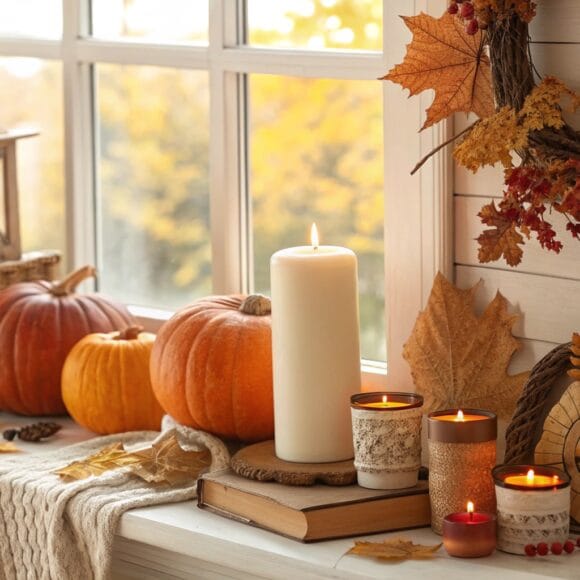 Mason jar lanterns decorated with colorful autumn leaves for a beautiful autumn home centerpiece