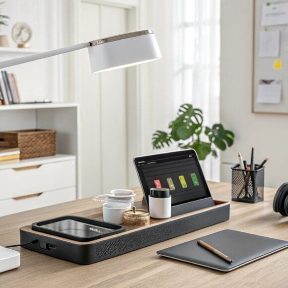Modern home office setup with smart home office gadgets including LED lamp and wireless charger