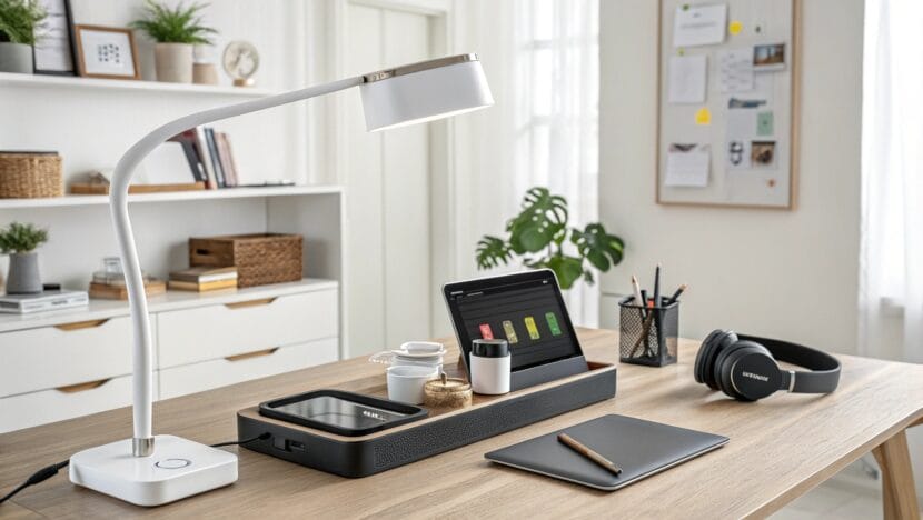 Modern home office setup with smart home office gadgets including LED lamp and wireless charger