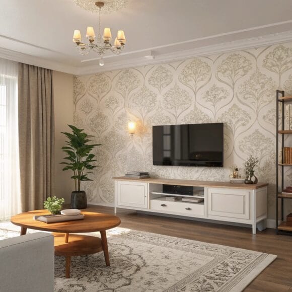 Modern living room featuring a wallpaper aesthetic design with warm tones and cozy decor