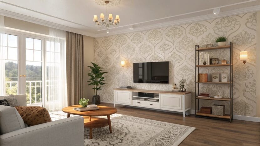 Modern living room featuring a wallpaper aesthetic design with warm tones and cozy decor