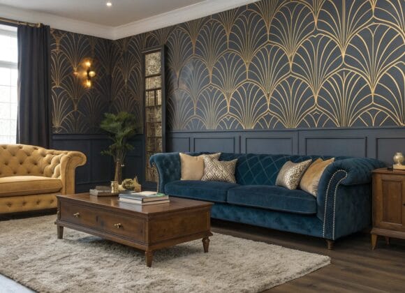Retro-chic living room showcasing the latest Art Deco wallpaper trends with elegant geometric patterns