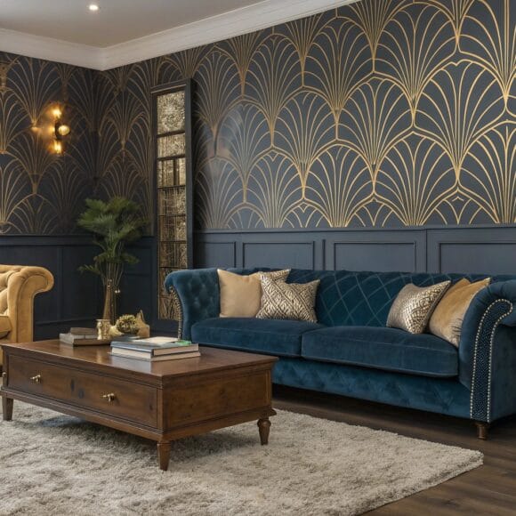 Retro-chic living room showcasing the latest Art Deco wallpaper trends with elegant geometric patterns
