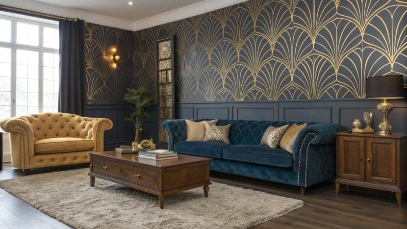 Retro-chic living room showcasing the latest Art Deco wallpaper trends with elegant geometric patterns